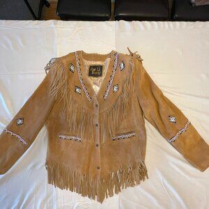 New - 2XL - Women's Brown Suede Leather Fringes Beaded Jacket